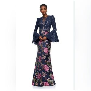 Tadashi Shoji Navy and Pink Floral Lace Gown